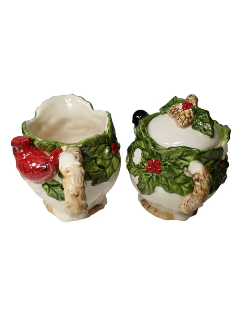 Cracker Barrel Holiday Garden Porcelain Creamer Sugar Cardinal Winter Crazing